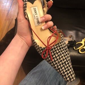 Jimmy Choo Black and White Houndstooth Heels with Red Accents